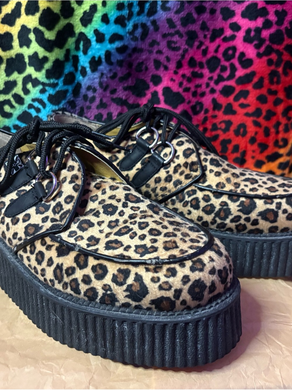 T.U.K Leopard Hair-On Platform Creeper - Tan & Black DEADSTOCK